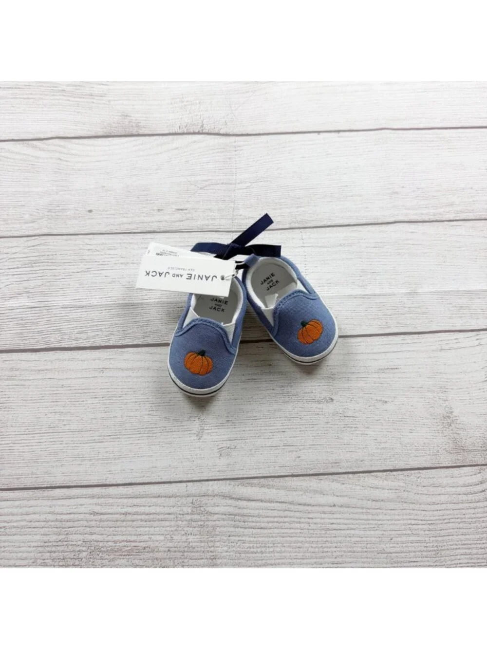 Janie And Jack Pumpkin Embroidered Blue Slip On Baby Shoes NWT 0-3 Months